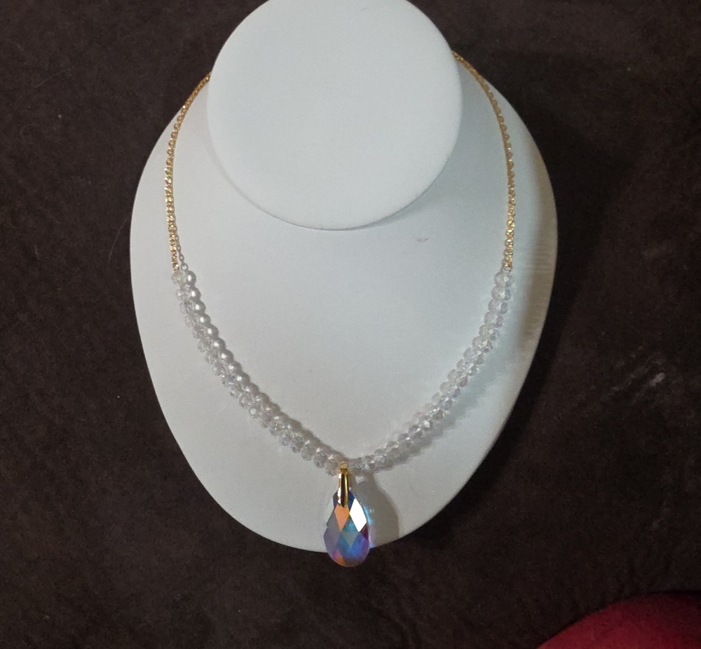 Crystal Bead Necklace with Aurora Teardrop Pendant - Clear/Gold